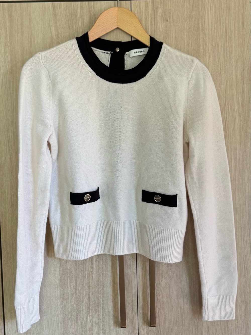 Sandro Cream Sweater with Black Trim and Pocket Detail